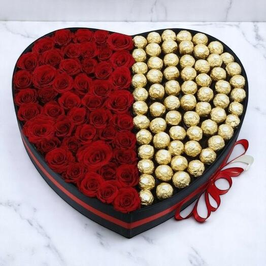 Красные розы   Подарочная коробка Ferrero Rocher в форме сердца – роскошный романтический цветочный   шоколадный набор