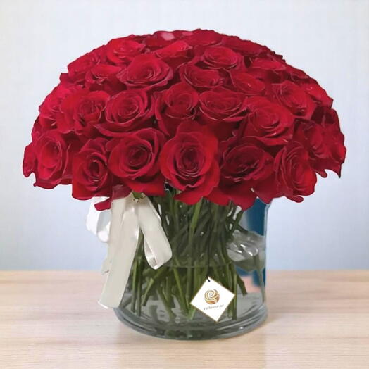 50 Red Roses in Vase