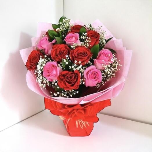 Fantasy Bouquet – Red   Pink Roses with Gypsophila