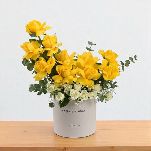 Sunshine   Snowflakes Birthday Bloom Box – Yellow Roses   White Florals in Elegant Hatbox