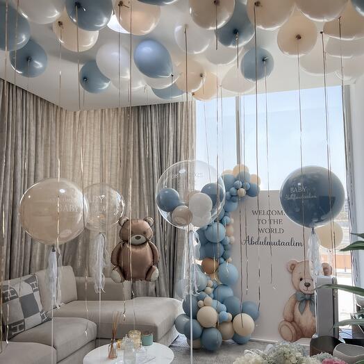 Blue and beige teddy bear set