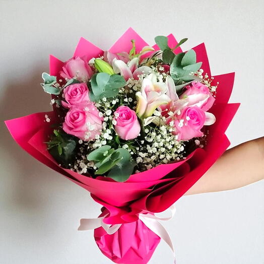 Pink with Perfection: 2 Stems of Pink Lilies and 8 Stems of Pink Roses with fillers