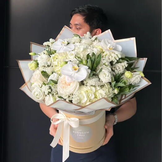 Catherine | White Luxury Floral Arrangement | Hydrangeas, Orchids and Garden Roses | White Bouquet