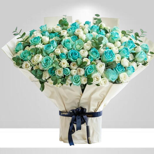 Parisian Designer Premium Blue White Roses Bouquet