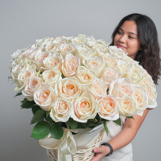 50 White Ohara Roses Basket