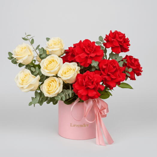 White   Red Rose Flower Box with Eucalyptus | Luxury Rose Box Delivery in UAE