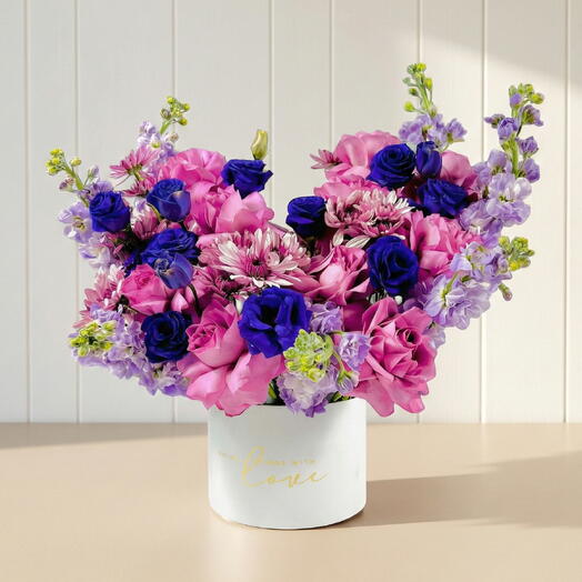 Violet Dawn – Sophisticated Floral Box with Roses, Chrysanthemums   Matthiola