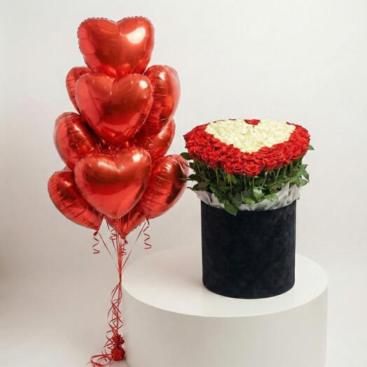 101 Red   White Rose, 10 Red Heart Helium Balloons – Luxury Valentine s Gift