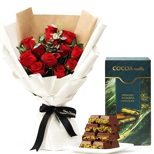 Classic 11 Red Valentine Roses With Kunafa Chocolate
