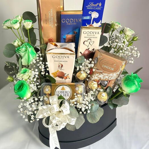 "Luxury Chocolate   Rose Box | Godiva, Ferrero, Lindt   White Roses – Premium Gift Hamper"