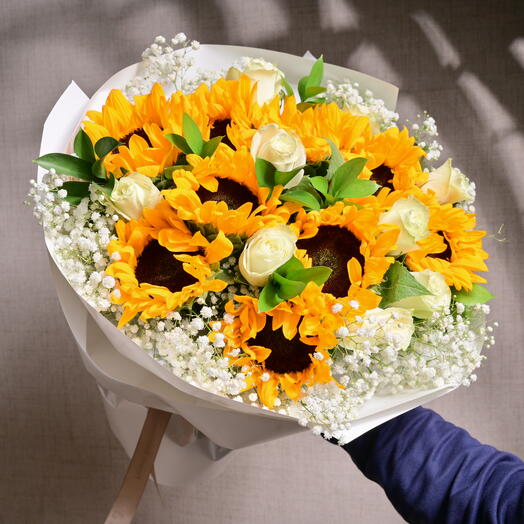 Sunflower and White Rose Bouquet 6356