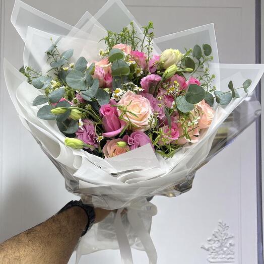 The Art – Elegant Pink   Blush Rose Bouquet with Eucalyptus and Lisianthus