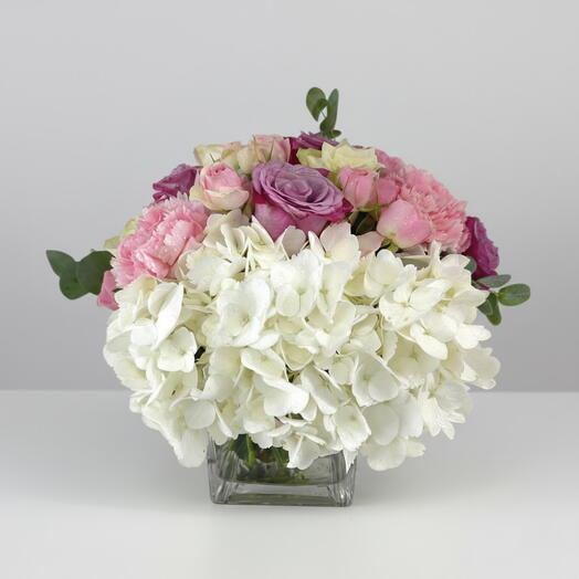 Elegant Mixed Roses   Hydrangea Vase | Purple, Pink   White Blooms