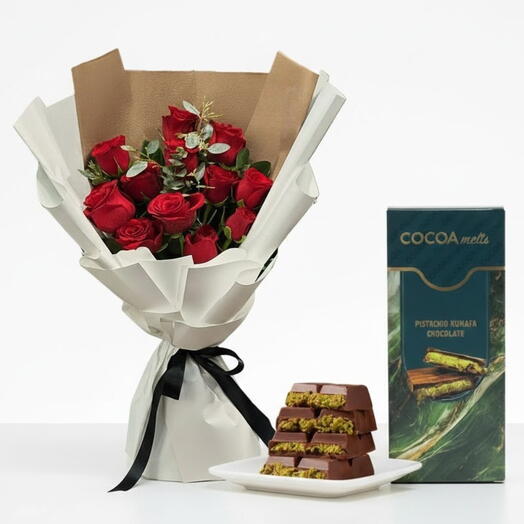 Rosas Gold — Ramo rojo con barra de kunafa premium