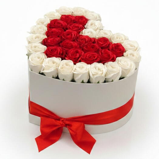 Scarlet Devotion – 31 Red   White Roses in a Heart Box