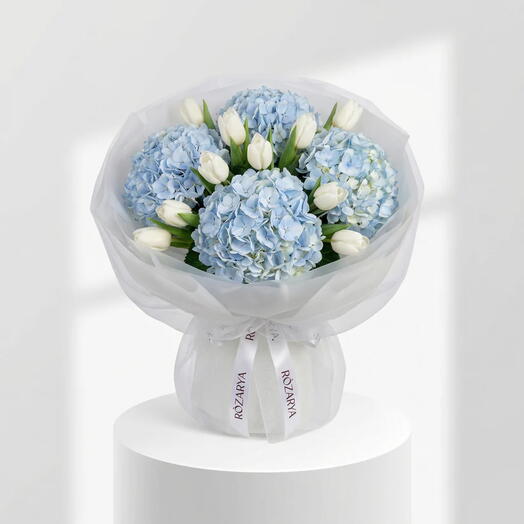 Лазурное облако тюльпанов: Голубая гортензия   Белый тюльпан Люкс