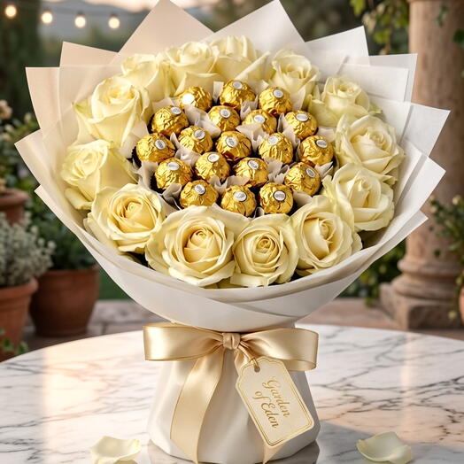 باقة أنيقة من 21 وردة بيضاء مع فيريرو روشيه - هدية فاخرة رومانسية لها - توصيل في نفس اليوم بدبي