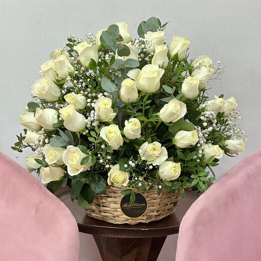 Ivory Majesty | 41 White Roses in Luxury Basket  Same-Day Dubai