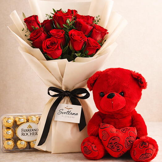 Combo Confesión de Amor – Rosas Osito de peluche   Ferrow Rocher