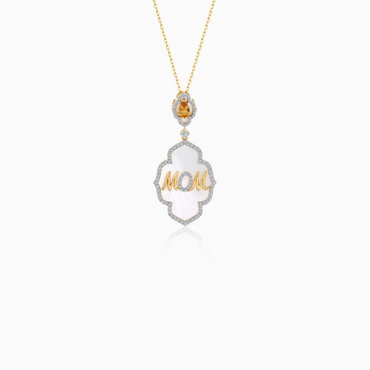 18k Yellow gold Necklace " MOM" Pendant With Natural Diamonds, White MOP and Yellow Citrine