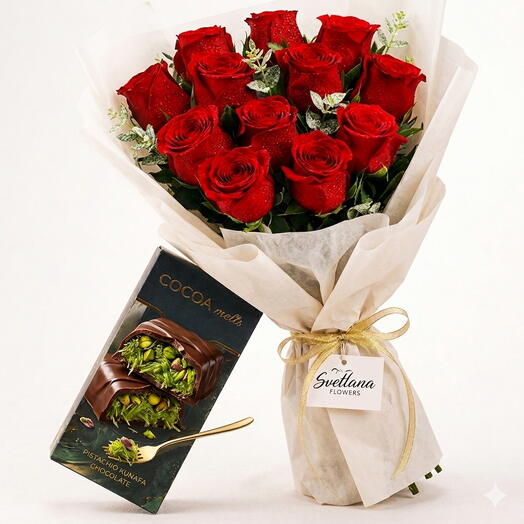 ورود حمراء وشوكولاتة كنافة من كوكاو كرافت هدية عيد ميلاد دبي 11 وردة مجموعة فاخرة توصيل في نفس اليوم