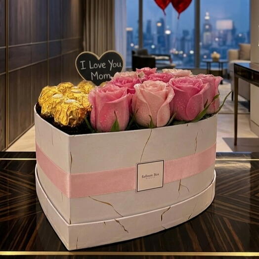 Caja grande de bombones de rosas rosadas premium (28x16cm) | Regalo de lujo para el Día de la Madre en Abu Dabi