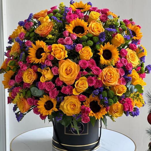 Vibrant Symphony Box | Sunflowers with Pink   Orange Roses | Same-Day Dubai Flowers