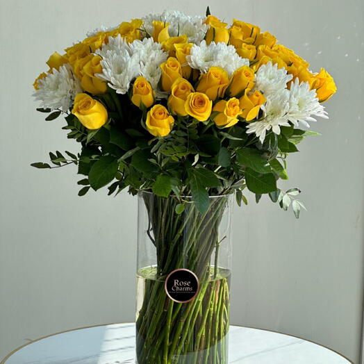 Bright   Elegant Vase | 51 Yellow Roses with Chrysanthemums   Eucalyptus | Same-Day Dubai Delivery