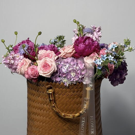Spring Fuchsian: Basket with Hydrangea, Peonies, Roses and Oxypetalum
