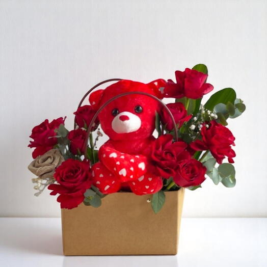 Sweet Love Bag | 11 Red Roses with Teddy – Adorable Romantic Gift