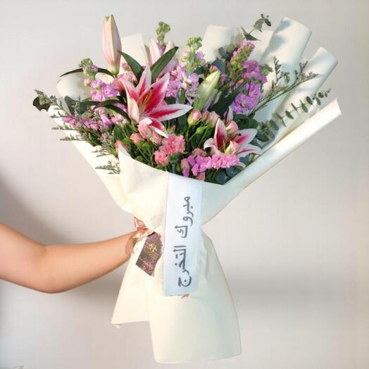 Congratulations Graduation Flower Bouquet – Pink Lilies   Eucalyptus