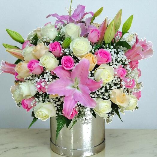 Pink Lilies   Roses in Box;