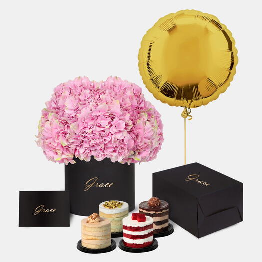 Pink Hydrangea  in Box with Mini Cake and Balloons