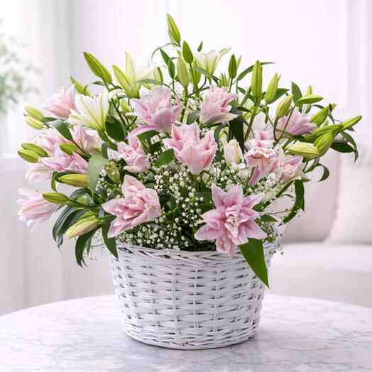 Lily Grace – White   Pink Lily Basket Arrangement