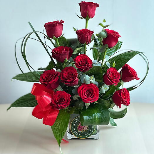 "Timeless Passion | 13 Red Roses in Vase – Classic Love Arrangement"