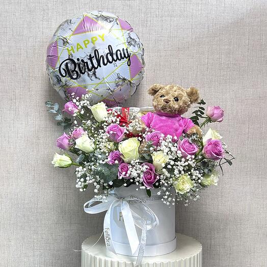 Coffret Combo Anniversaire – (Boîte de Fleurs, Peluche   Ballon)