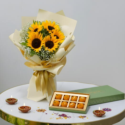 Sunflower   Motichur Laddu Gift Combo | Bright Floral   Sweet Celebration Set Dubai