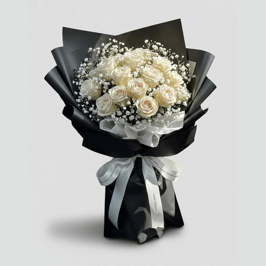 Luxury White Rose Bouquet with Gypsophila | Elegant Black Wrap | Flower Delivery UAE