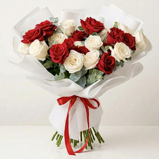 Classic Romance – 21 Red   White Rose Bouquet