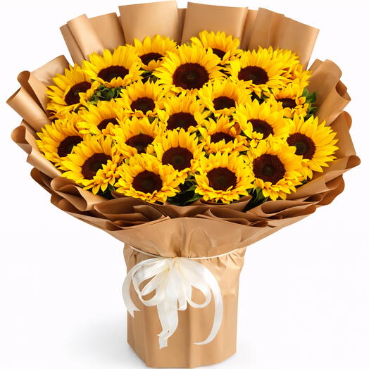 Свежий яркий букет из 25 подсолнухов