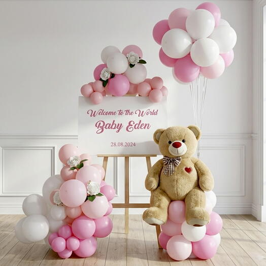 Elegant Teddy Balloon Stand Setup – Pink White Luxury Arrangement