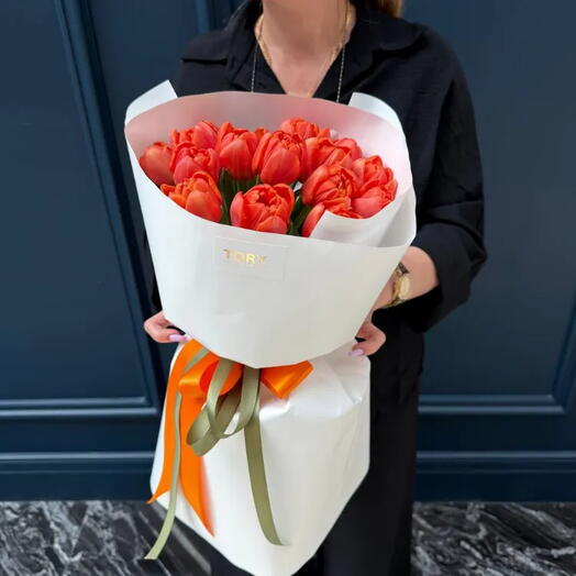 A bouquet of 15 orange peony tulips