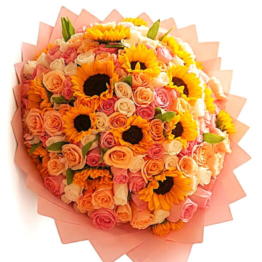 Luxury Sunflower   Rose Bouquet Dubai  Pink Peach White  Premium Birthday Gift for Her