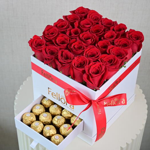 Red Rose And Ferrero In White Box 1129