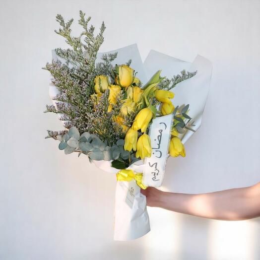 Ramadan Kareem Yellow Tulip   Rose Bouquet – Elegant Eucalyptus   Limonium Floral Wrap
