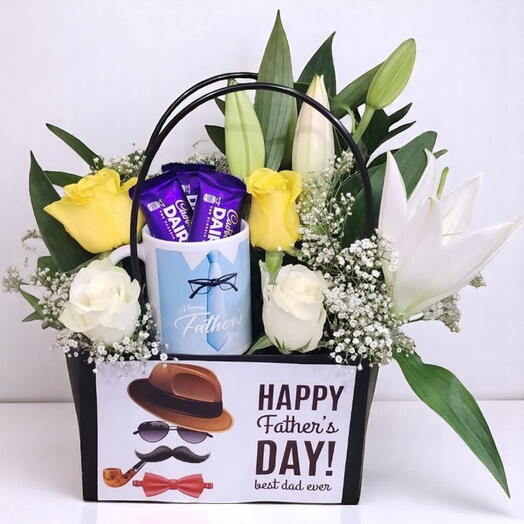 Father s Day Gift Basket with Mug, Chocolates   Fresh Flowers – Rose   Lily Floral Arrangement