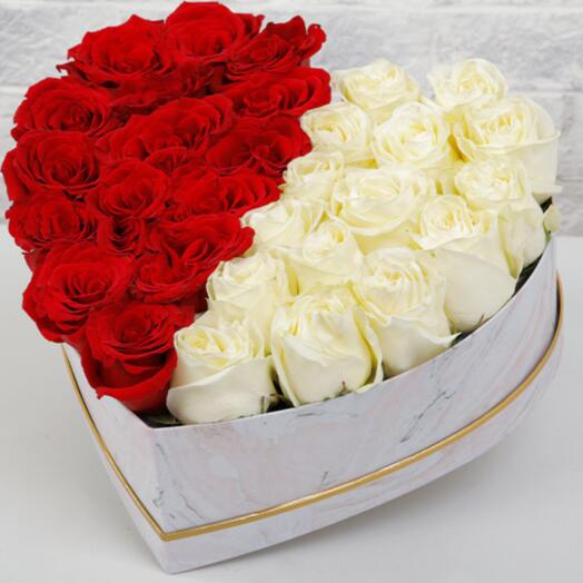 30 Red and White Roses In Heart Shaped Box