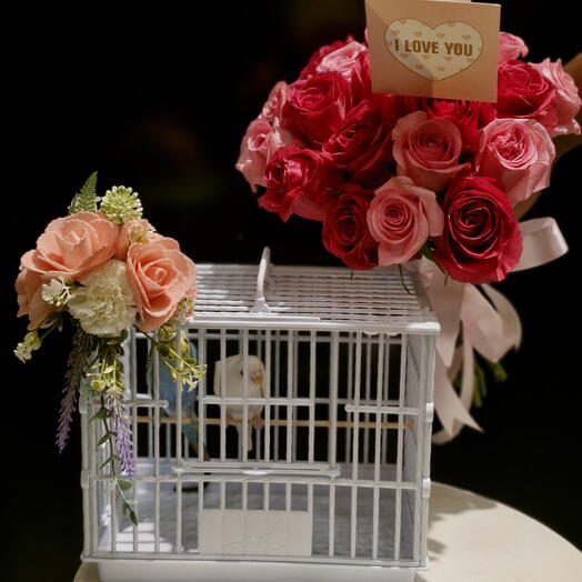 Tourtereaux dans une cage décorée de fleurs + bouquet de 20 roses roses