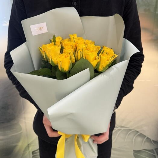 bouquet of 25 yellow roses in packaging