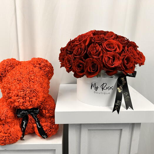 50 красных роз  плюшевый мишка 40 см